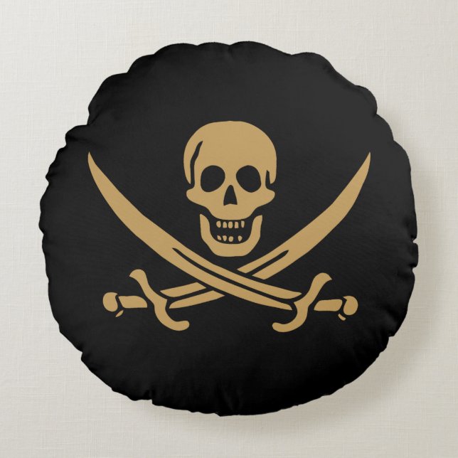 Aztec Gold Skull & Cutlass Pirate Calico Jack Round Cushion (Front)