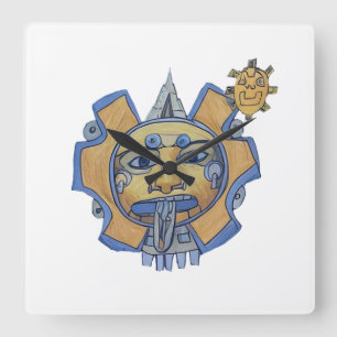 Aztec Gold Sun Square Wall Clock Mayan