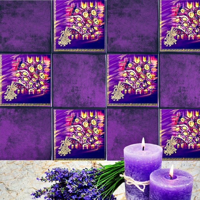 Aztec Golden & Purple Mexican Boho Wooden Box Sign Tile (Creator Uploaded)