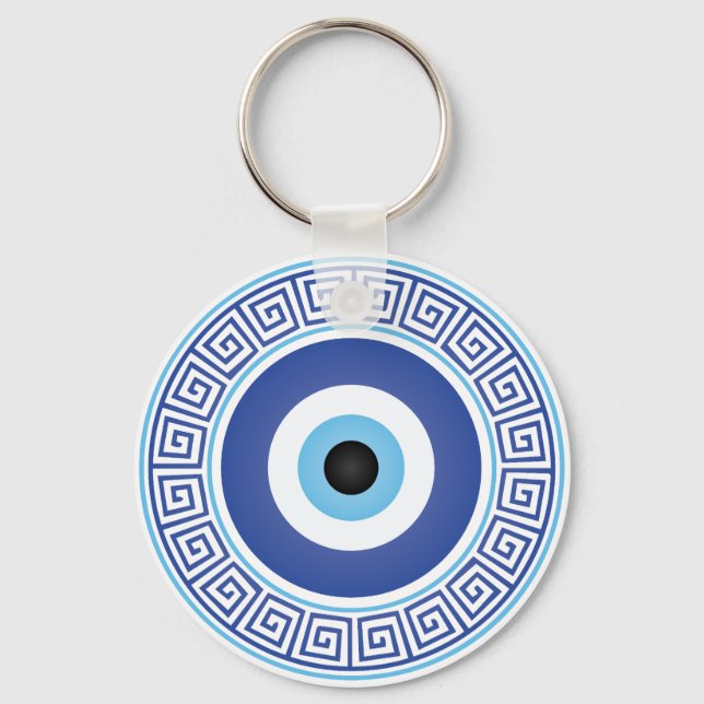 Aztec Greek Circle Key Evil Eye Blue White Key Ring (Front)