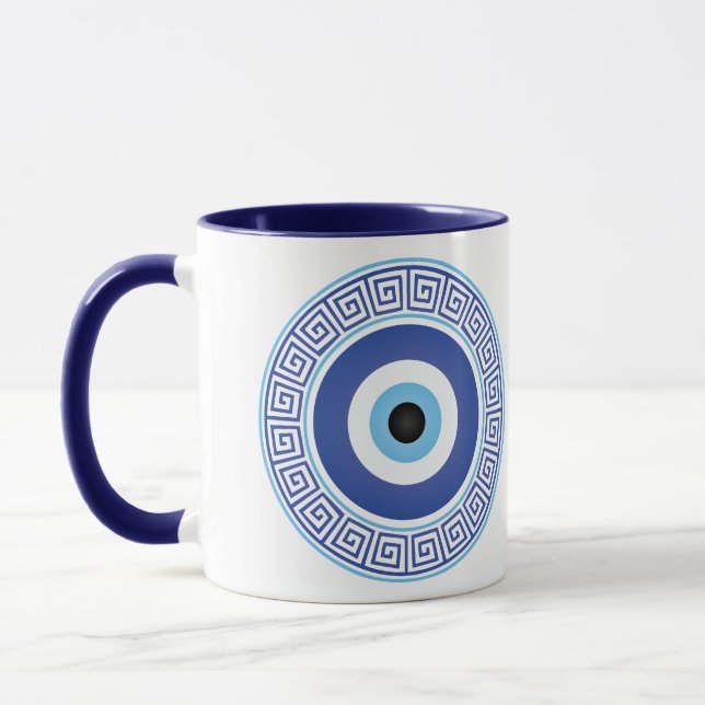 Aztec Greek Circle Key Evil Eye Blue White Mug (Left)