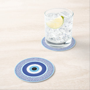 Aztec Greek Circle Key Evil Eye Blue White Round Paper Coaster