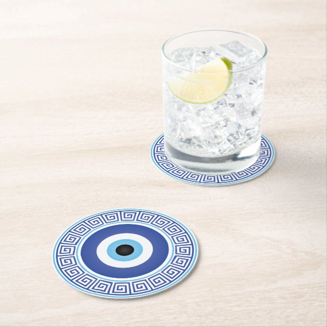 Aztec Greek Circle Key Evil Eye Blue White Round Paper Coaster (Insitu)