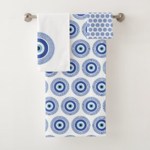 Aztec Greek Circle Key Evil Eye Pattern Blue Bath Towel Set