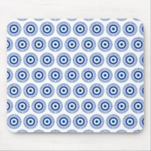 Aztec Greek Circle Key Evil Eye Pattern Blue Mouse Mat