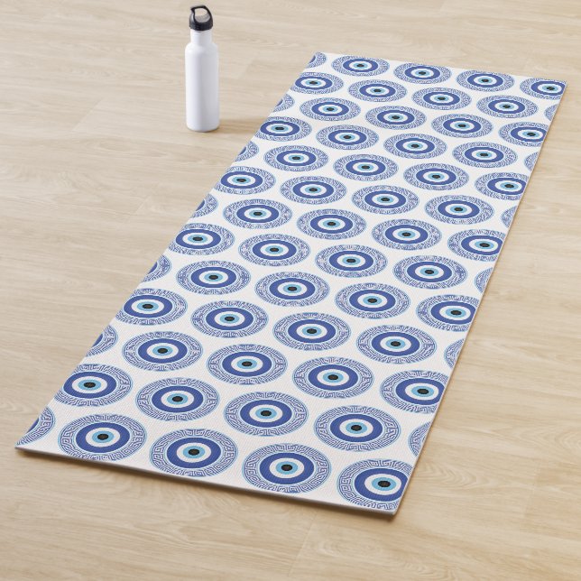 Aztec Greek Circle Key Evil Eye Pattern Blue Yoga Mat (In Situ)