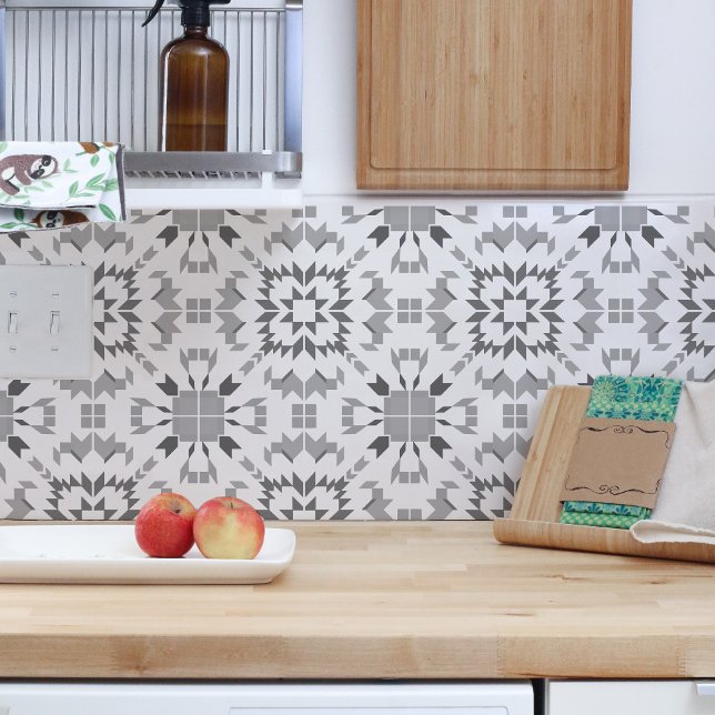 Aztec Grey White Geometric Ikat Boho Tribal Tile (Tiles when put together and each rotated the right way create this beautiful pattern.)