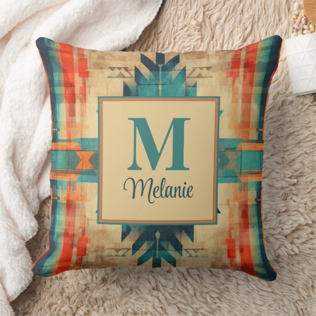 Aztec Grunge Pattern Custom Name and Monogram Cushion (Blanket)