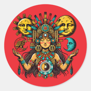 Aztec Indian woMan princess sun moon Folk art Classic Round Sticker
