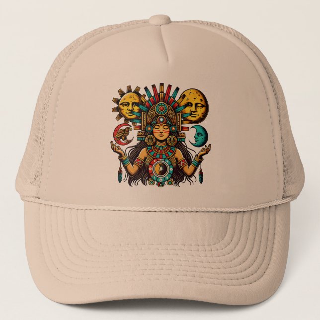 Aztec Indian woMan princess sun moon Folk art Trucker Hat (Front)