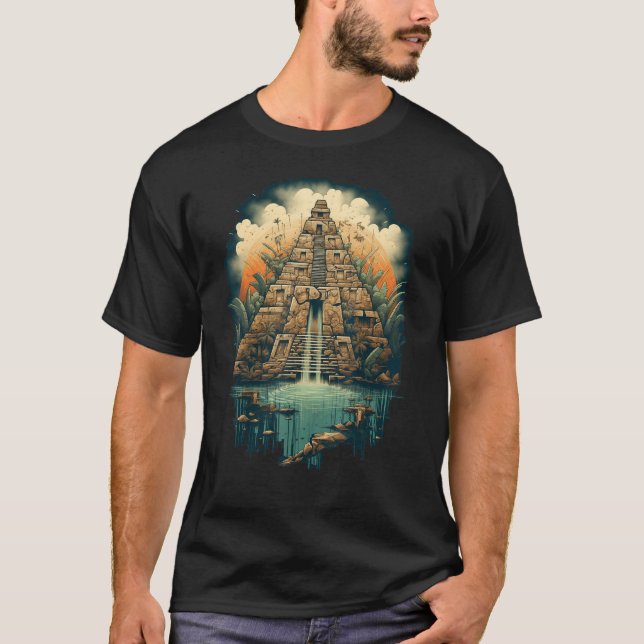 Aztec Inka Maya Mystic Jungle Temple Pyramid Graph T-Shirt (Front)
