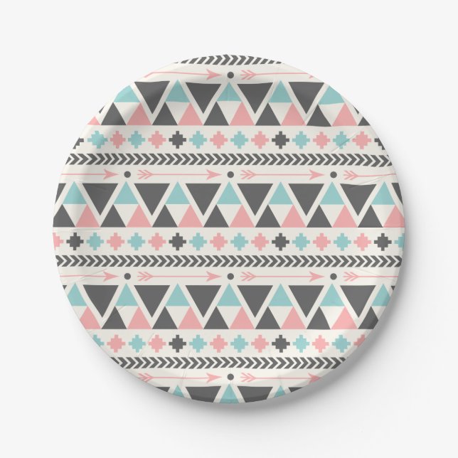 Aztec Inspired Coral and Mint Pattern Paper Plate (Front)