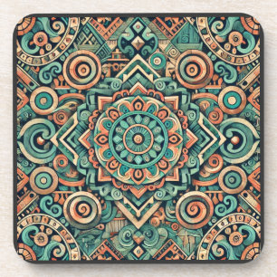 Aztec-Inspired Teal and Terracotta Pattern Coaster