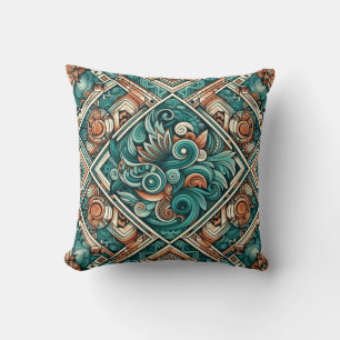 Aztec-Inspired Teal and Terracotta Pattern Cushion