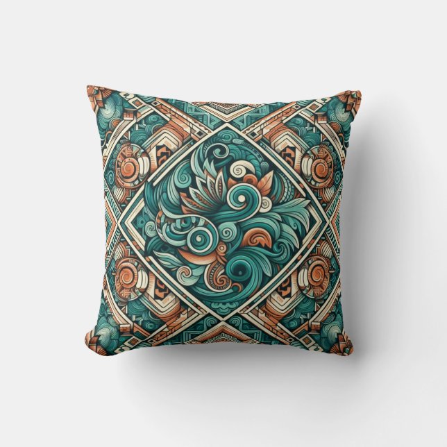 Aztec-Inspired Teal and Terracotta Pattern Cushion (Front)