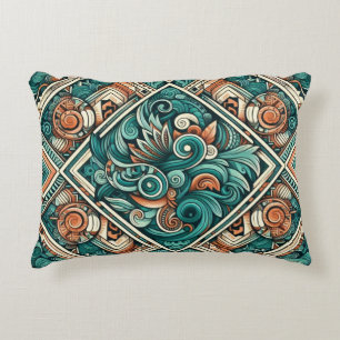 Aztec-Inspired Teal and Terracotta Pattern Decorative Cushion