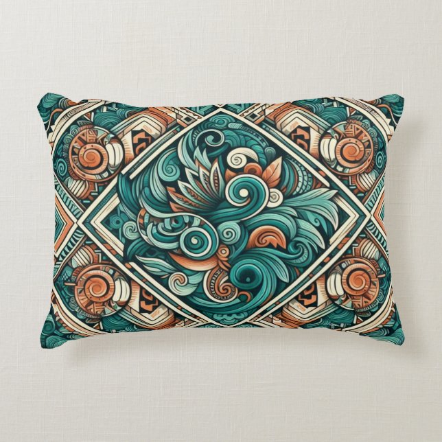 Aztec-Inspired Teal and Terracotta Pattern Decorative Cushion (Front)