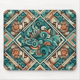 Aztec-Inspired Teal and Terracotta Pattern Mouse Mat