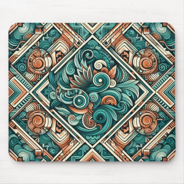 Aztec-Inspired Teal and Terracotta Pattern Mouse Mat (Front)