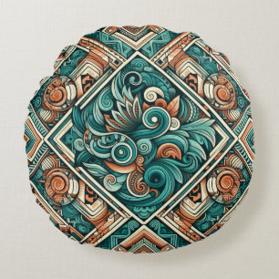 Aztec-Inspired Teal and Terracotta Pattern Round Cushion