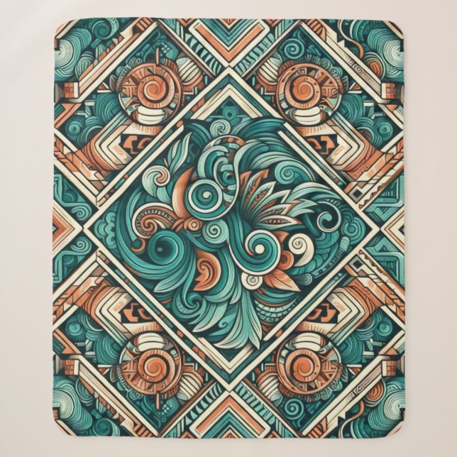 Aztec-Inspired Teal and Terracotta Pattern Sherpa Blanket (Front)