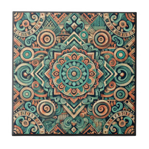 Aztec-Inspired Teal and Terracotta Pattern Tile