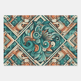 Aztec-Inspired Teal and Terracotta Pattern Wrapping Paper Sheet
