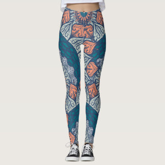 Aztec Mandala teal and orange boho yoga leggings