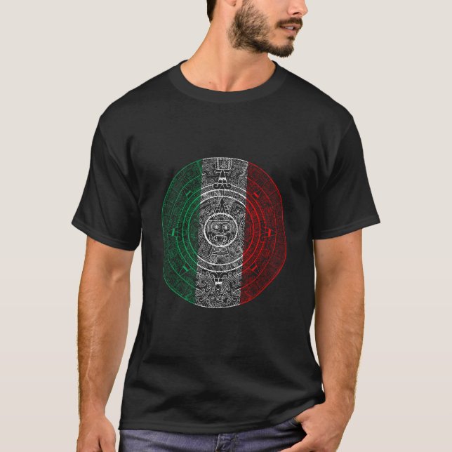 Aztec Mexica Calendar Mexican Flag Art T-Shirt (Front)