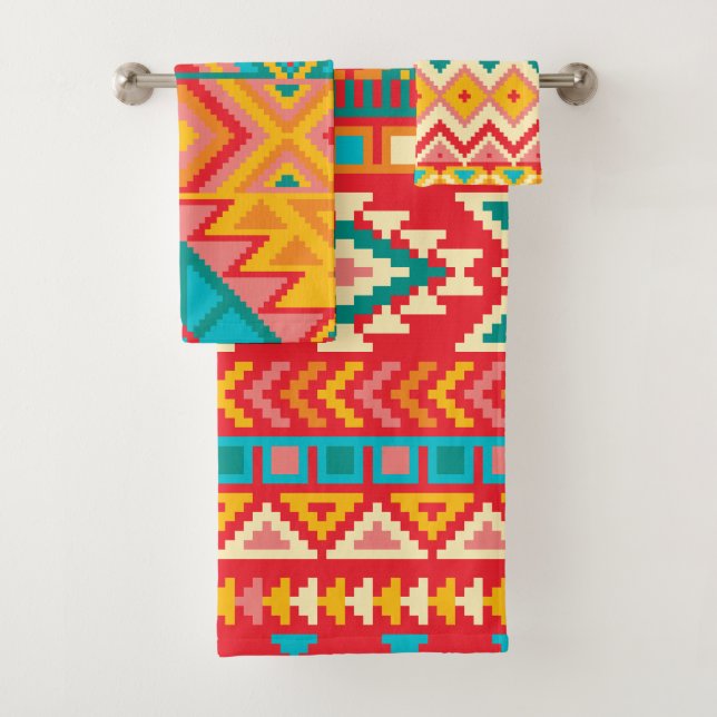 Aztec Mexican Rug Patterns Bath Towel Set (Insitu)