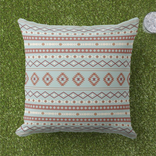 Aztec Mixed Motif Pattern Rusts Cream Blue Cushion (Grass)