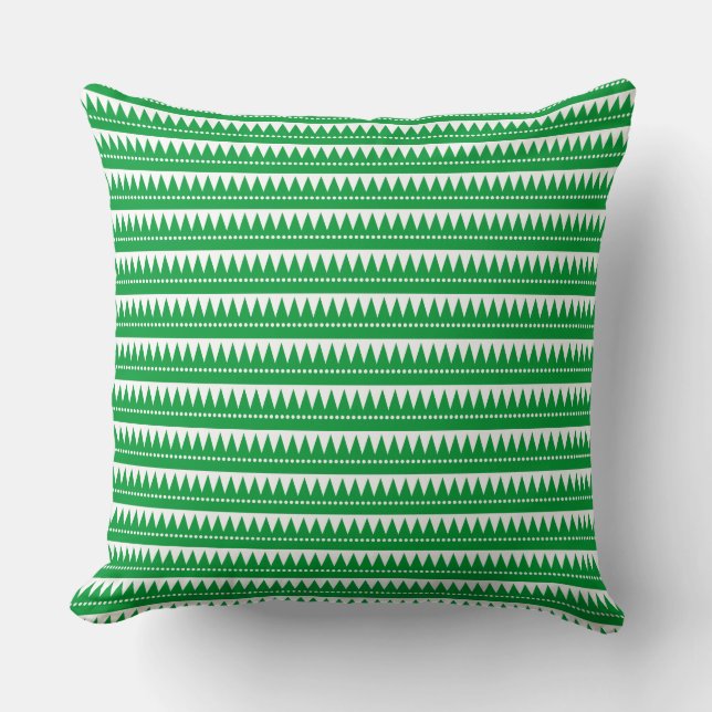 Aztec Mountains - Grass Green on White Cushion (Front)