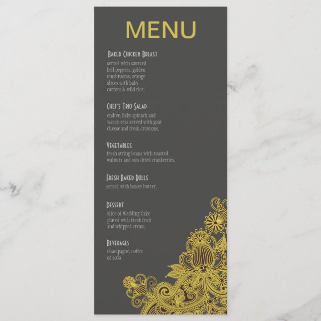 Aztec Paisley Dinner Menu yellow charcoal (Front)
