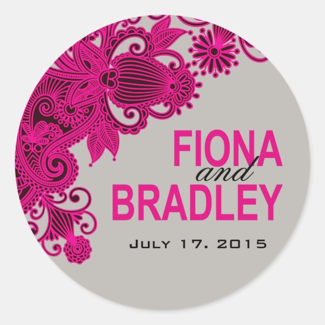 Aztec Paisley - fuschia grey Classic Round Sticker (Front)