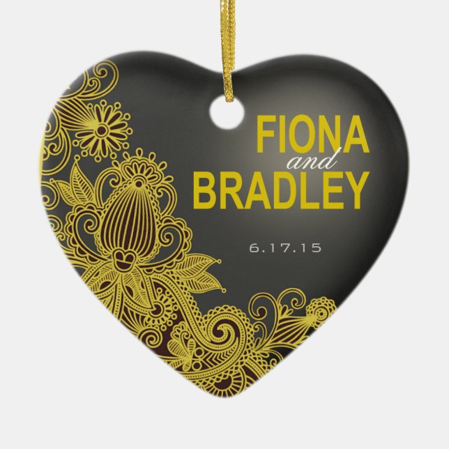 Aztec Paisley photo yellow charcoal Ceramic Tree Decoration (Front)