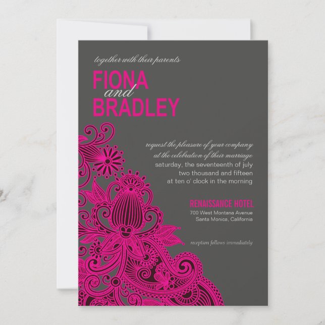 Aztec Paisley Wedding fuschia charcoal Invitation (Front)
