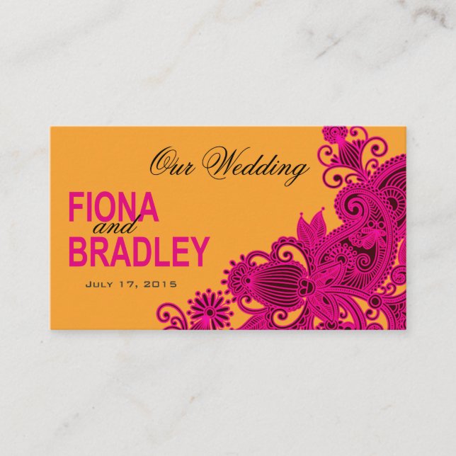 Aztec Paisley Wedding Website fuschia nectarine Enclosure Card (Front)