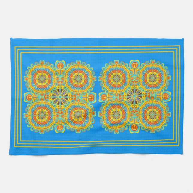 Aztec Pattern Blue Orange Gold Hand Drawn Art  Tea Towel (Horizontal)