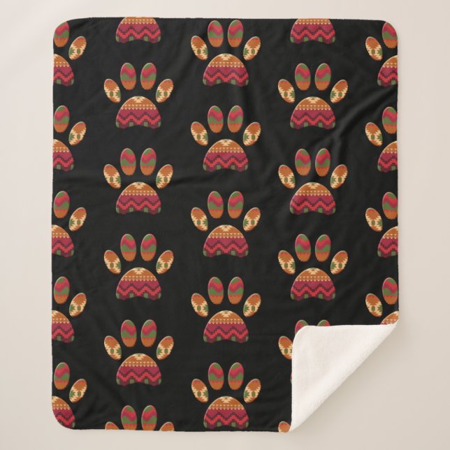 Aztec Pattern Dog Paw Sherpa Blanket (Front)