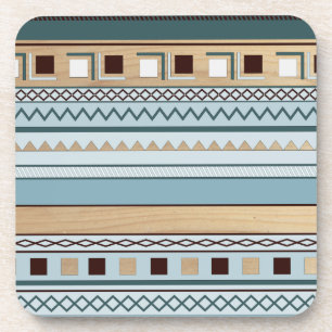 Aztec Pattern in Blue and Wood Grain Coaster