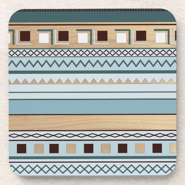 Aztec Pattern in Blue and Wood Grain Coaster (Front)