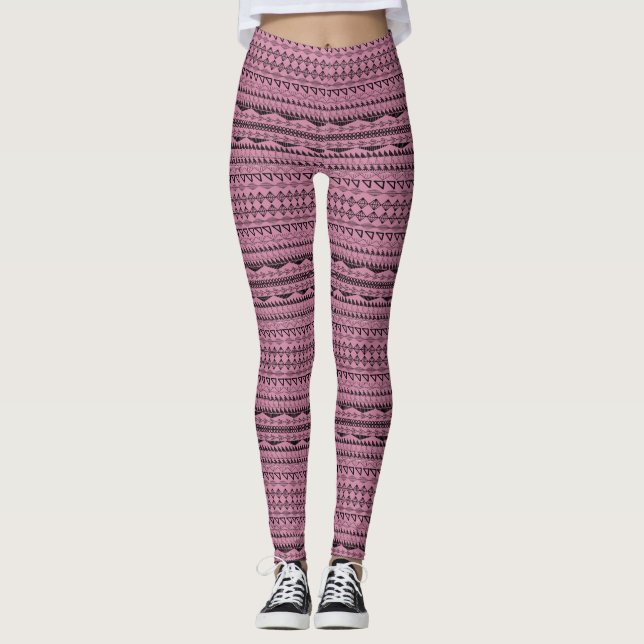 Aztec Pink or Any Colour Geometric Tribal Pattern Leggings (Front)