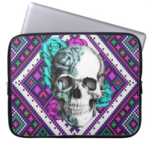 Aztec Rose skull on pixel pattern Laptop sleeve. Sleeve