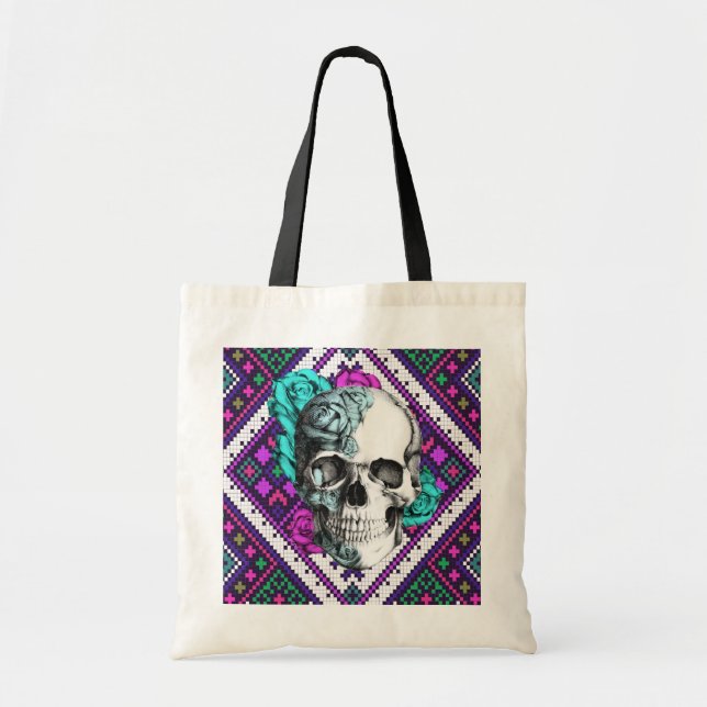 Aztec Rose skull on tribal pixel pattern. Tote Bag (Front)