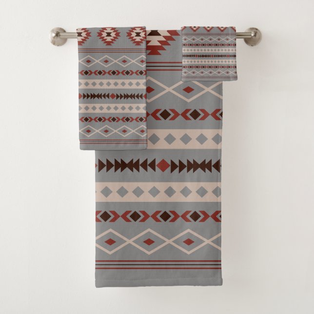 Aztec Rust Cream Brown Grey Mixed Motifs Pattern Bath Towel Set (Insitu)