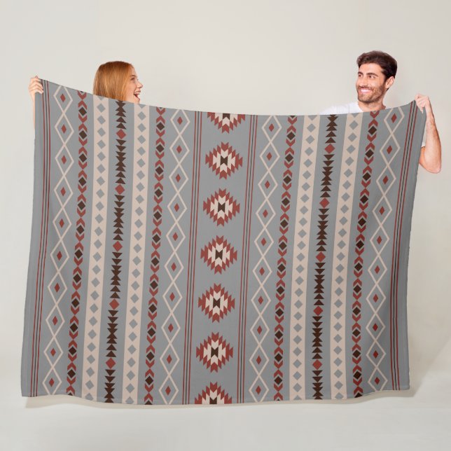 Aztec Rust Cream Brown Grey Mixed Motifs Pattern Fleece Blanket (In Situ)