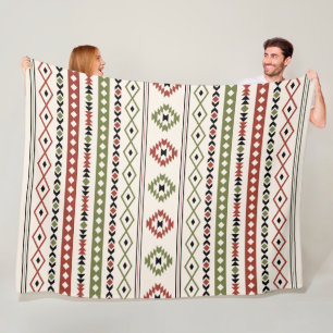 Aztec Rust Green Black Cream Mixed Motifs Pattern Fleece Blanket