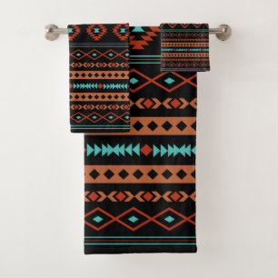 Aztec Rusts Teal Black Mixed Motifs Pattern Bath Towel Set