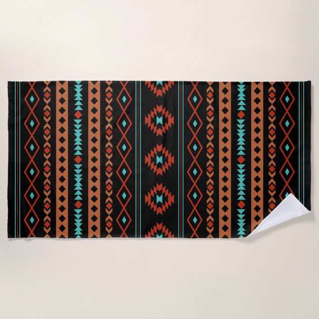 Aztec Rusts Teal Black Mixed Motifs Pattern Beach Towel (Front)