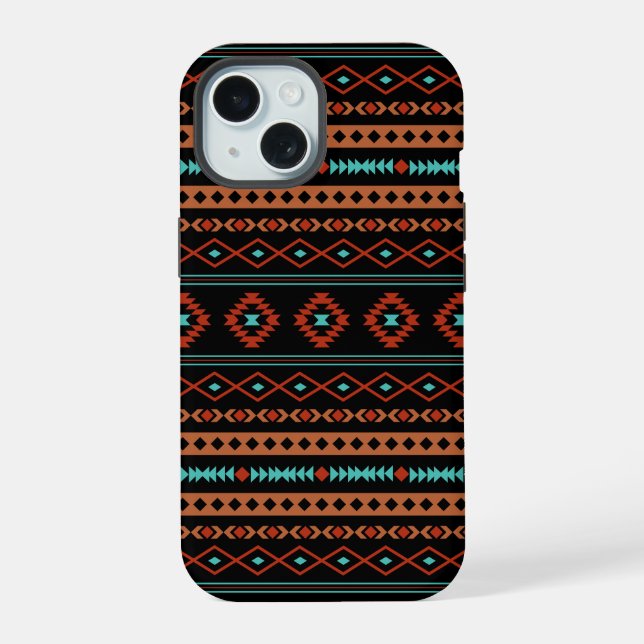Aztec Rusts Teal Black Mixed Motifs Pattern iPhone 15 Case (Back)